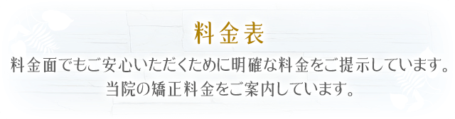 料金表料金面でもご安心いただくために明確な料金をご提示しています。当院の矯正料金をご案内しています。